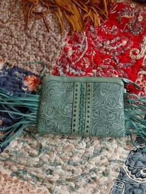 Fringed Embossed Wristlet Clutch in Teal